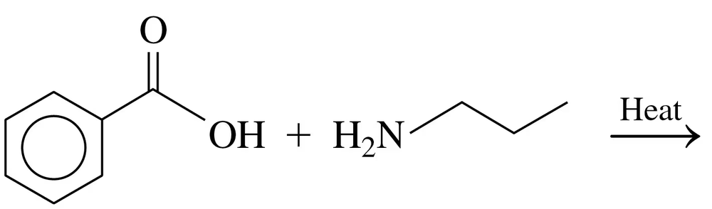 Chemical reaction showing a phenol and an amine reacting with heat to form an amide.