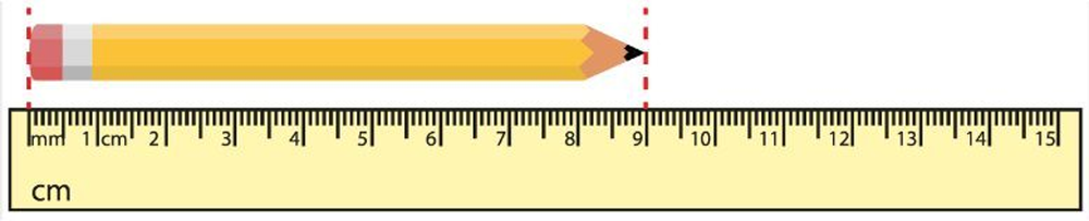 Pencil aligned with a ruler measuring approximately 8.7 centimeters, highlighting precision in length measurement.