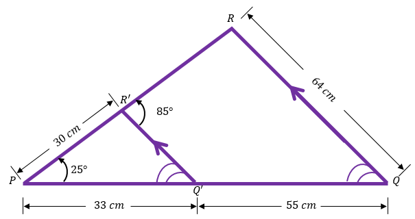 Two similar triangles with labeled angles and side lengths, highlighting the length of segment PR to be found.
