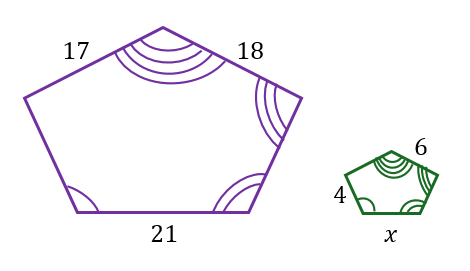 Two similar pentagons with side lengths labeled; find the missing side length x in the smaller pentagon.