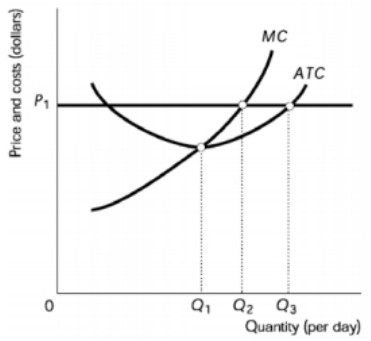 Graph showing price and cost curves with marginal cost (MC) and average total cost (ATC) intersecting a horizontal price line at different quantities.