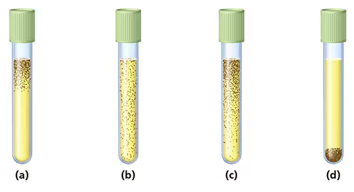 Four thioglycolate tubes labeled (a) to (d) showing different microbial growth patterns indicating varied oxygen requirements.