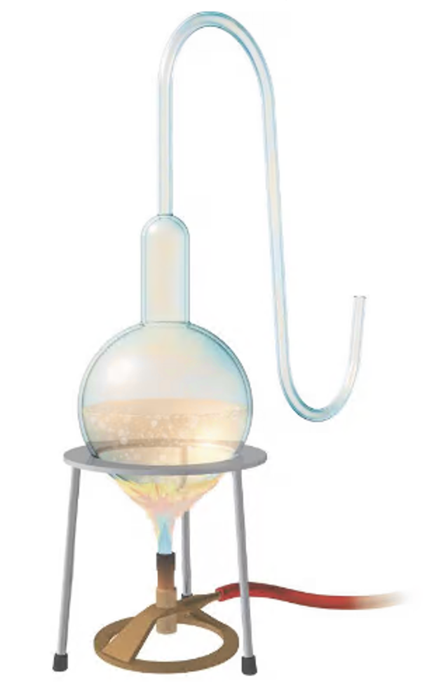 Glass flask with a curved neck heated over a flame, showing where airborne microbes settle in the neck.