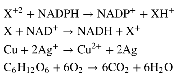 Chemical equations showing redox reactions with reactants and products labeled as reduced or oxidized forms.