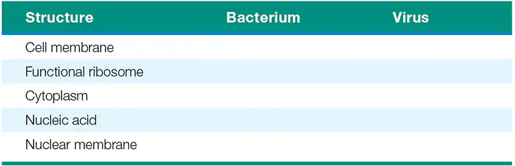 Comparison table listing cell membrane, functional ribosome, cytoplasm, nucleic acid, and nuclear membrane as present or absent in bacterium and virus.