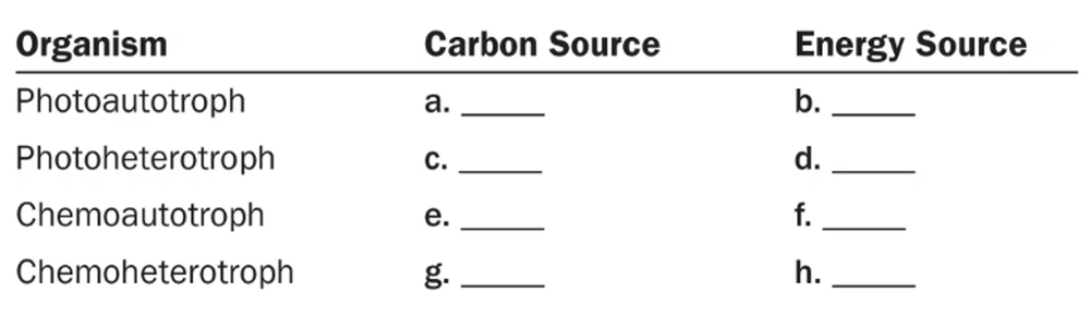 Table with four organism types and blank spaces to fill in their carbon and energy sources.