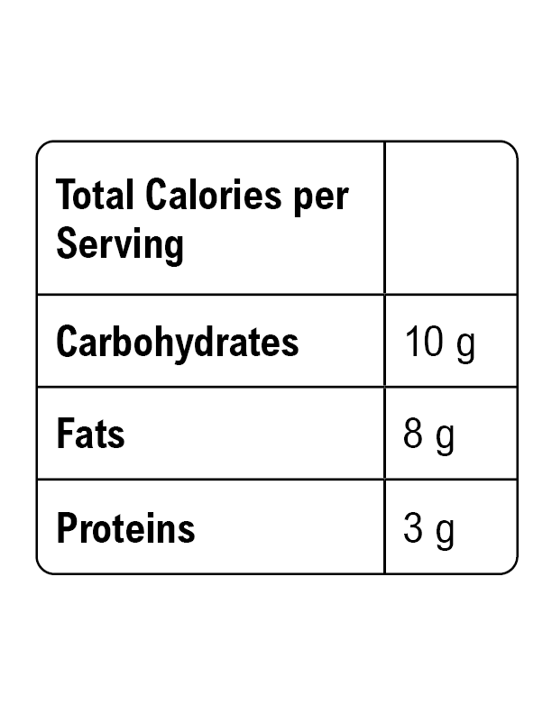 Nutrition label showing total calories per serving, with carbohydrates 10g, fats 8g, and proteins 3g.