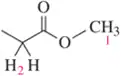 Chemical structure showing ester with labeled hydrogens: H2 on CH2 group and H1 on CH3 group.