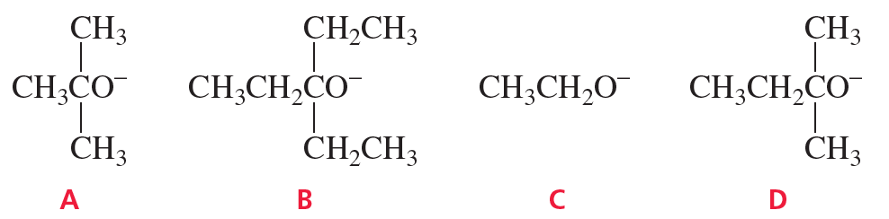 Structural formulas of four bases labeled A, B, C, and D, used to analyze alkene formation from a specific reaction.