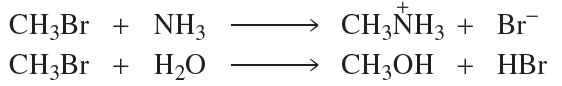 Chemical reactions comparing the rates of substitution involving CH3Br, NH3, and H2O, producing CH3NH3 and CH3OH.