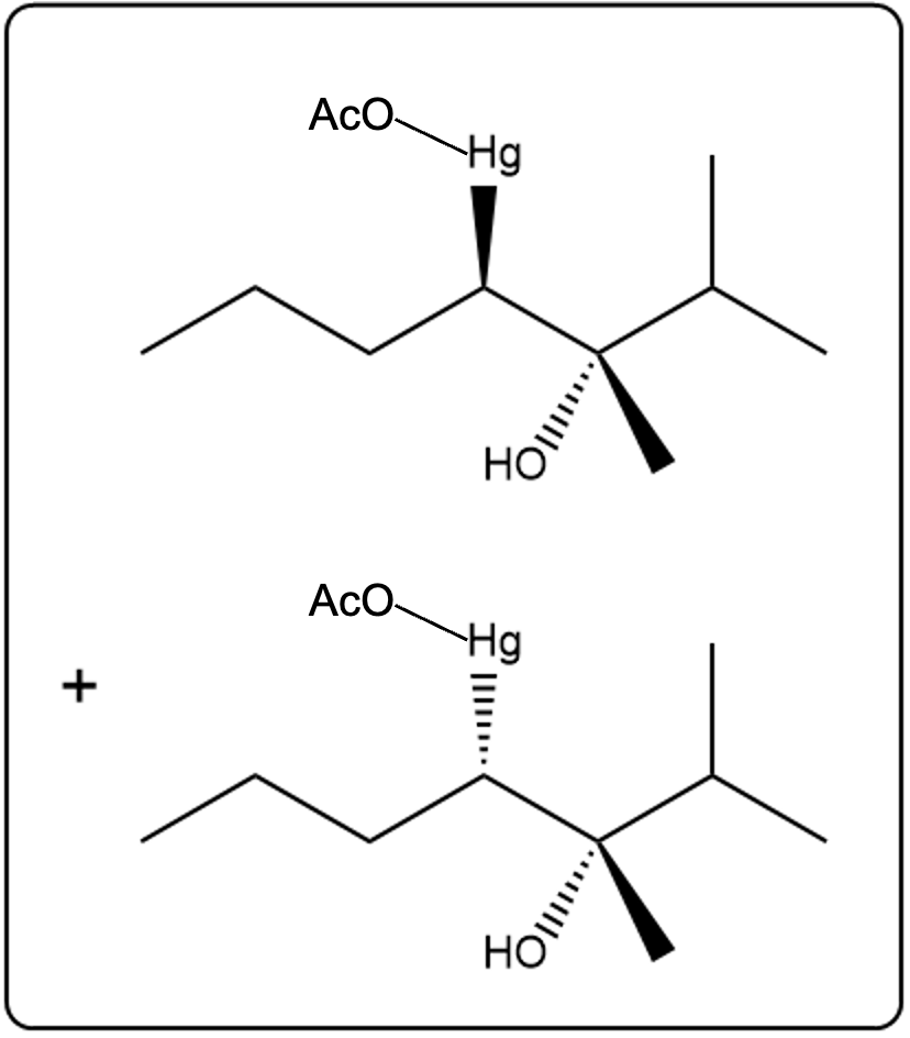 Oxymercuration product with Hg and OH groups on carbon chains.