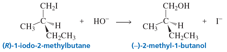 Reaction of (R)-1-iodo-2-methylbutane with hydroxide ion forming (−)-2-methyl-1-butanol and illustrating optical activity.