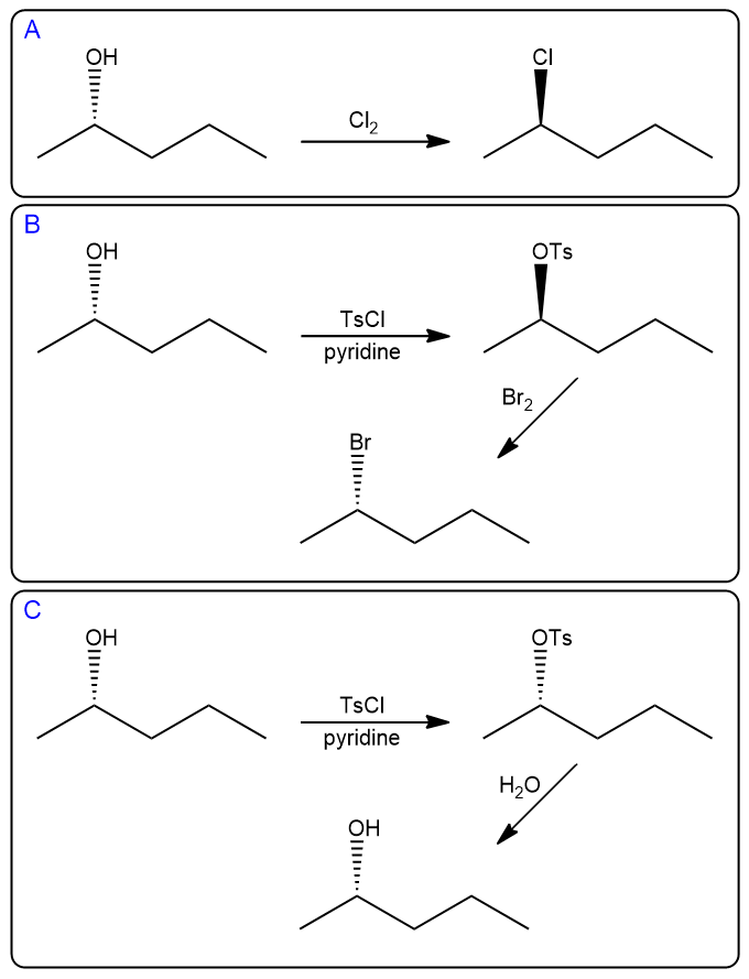 Reaction scheme converting (S)-pentan-2-ol to (S)-2-chloropentane, (R)-2-bromopentane, and (R)-pentan-2-ol.