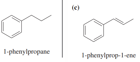 Chemical structures of 1-phenylpropane and 1-phenylprop-1-ene with labels indicating each compound.