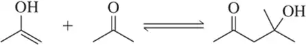 Chemical reaction diagram showing reactants and products with hydroxyl groups and a double bond, indicating equilibrium.