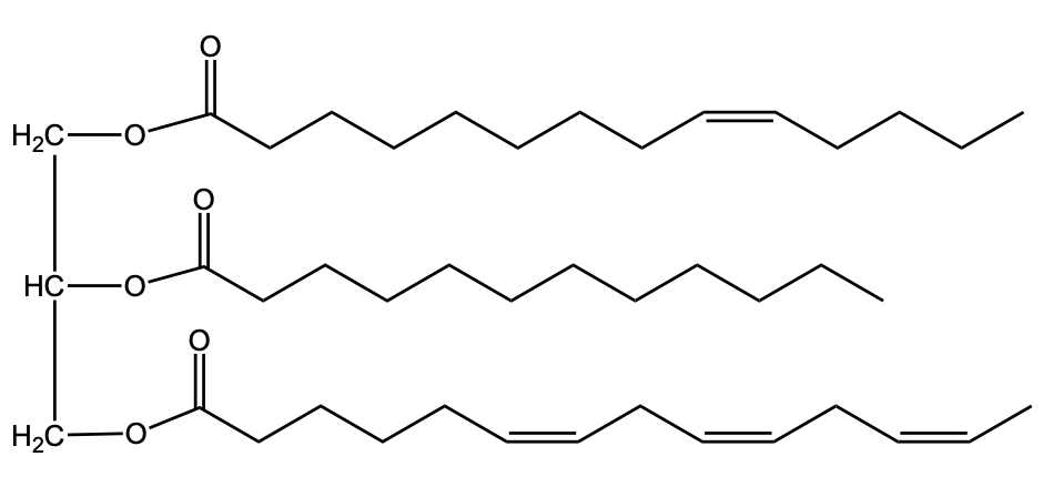 Chemical structure of triacylglycerol with some double bonds after hydrogenation.