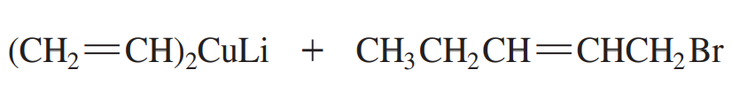 Chemical reaction equation showing organometallic compounds and a brominated alkene for product isolation after hydrolysis.