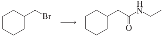 Chemical reaction showing the conversion of a brominated compound to an amide with a carbonyl group.