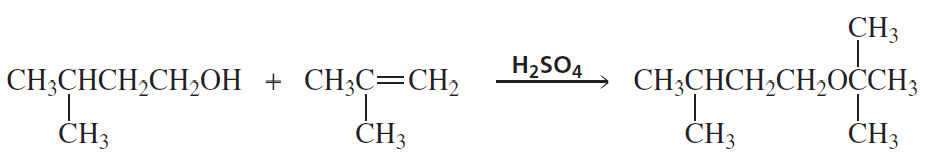 Chemical reaction showing the formation of an ether from an alcohol and an alkene, with sulfuric acid as a catalyst.