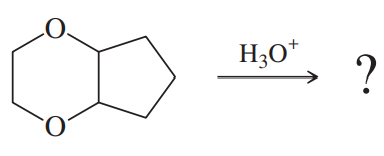 Chemical structure showing two carbonyl groups with a reaction arrow pointing to hydronium ion and a question mark.