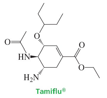 Chemical structure of Tamiflu, highlighting its asymmetric centers for chirality analysis.