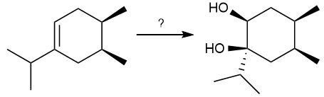 Chemical reaction diagram showing dihydroxylation with a question about reagents needed.