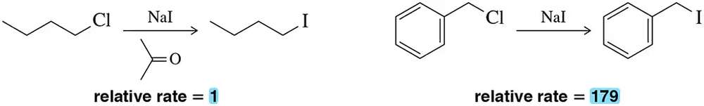 Chemical reaction diagrams comparing relative rates of two reactions, with values of 1 and 179 displayed prominently.