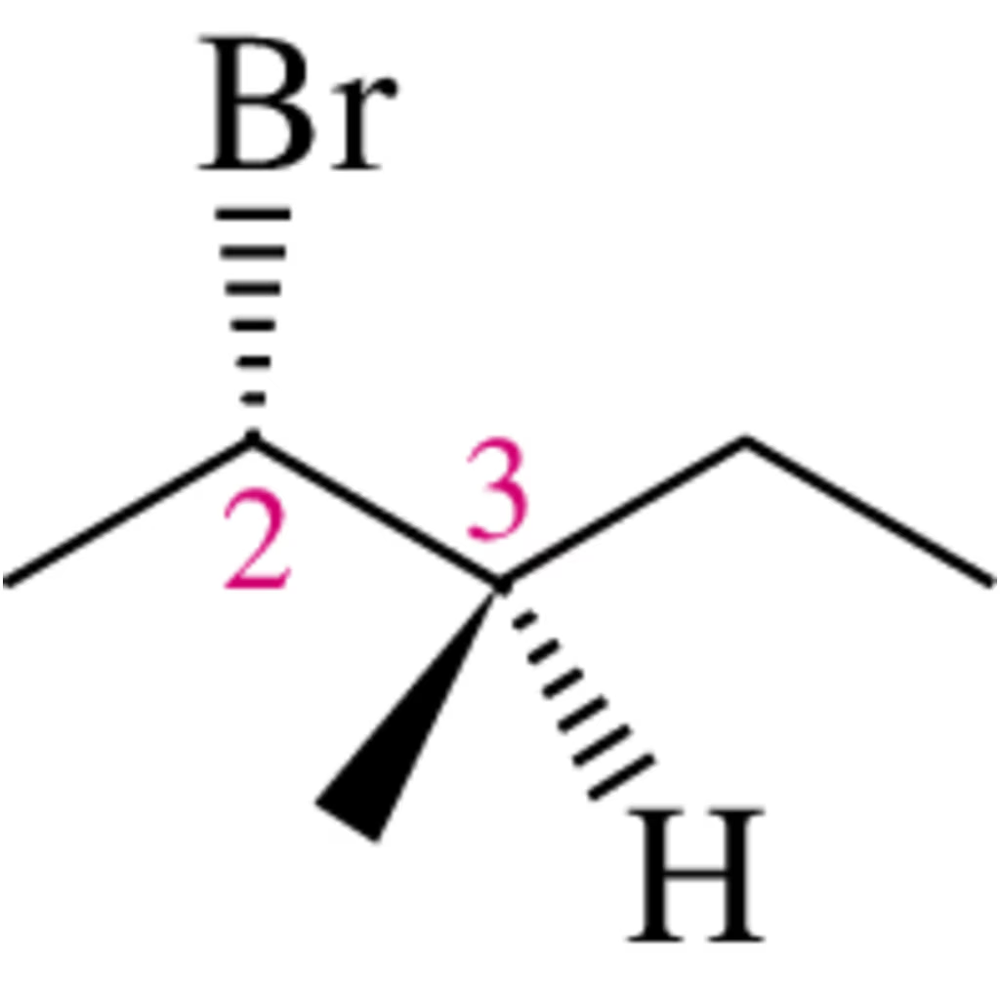 Newman projection of a molecule showing a bromine and hydrogen with a 180° dihedral angle around the 2,3-bond.