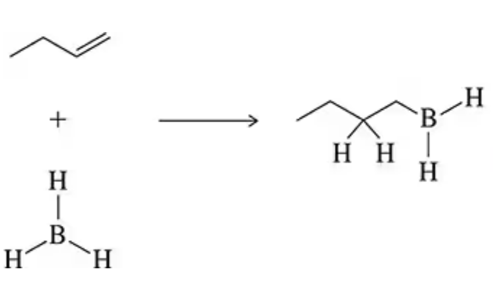 Chemical reaction diagram illustrating hydroboration with reactants and product structures.