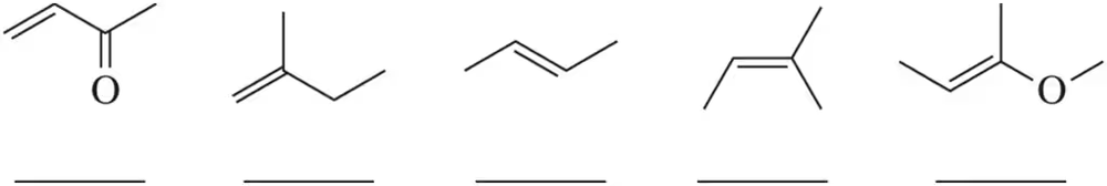 Structures of five alkenes for ranking their reactivity with mCPBA in epoxidation reactions.