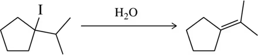 Chemical structure showing an iodine atom on a pentane ring reacting with water to form a double bond.