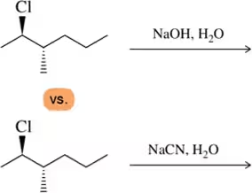 Comparison of two chemical reactions with chlorine, highlighting conditions favoring elimination over substitution.