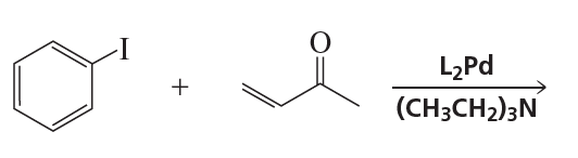 Chemical reaction diagram showing reactants and catalyst for the Heck reaction, with products indicated.