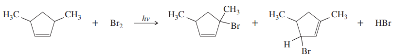 Chemical reaction diagram showing allylic bromination with bromine and light, producing brominated products and HBr.