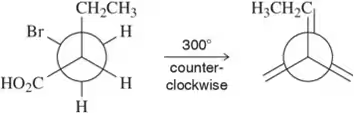 Newman projection showing a molecule with labeled substituents and a 300° counter-clockwise rotation indicated.