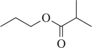 Structural formula of ethyl acetate, showing carbon, hydrogen, and oxygen atoms connected by lines.