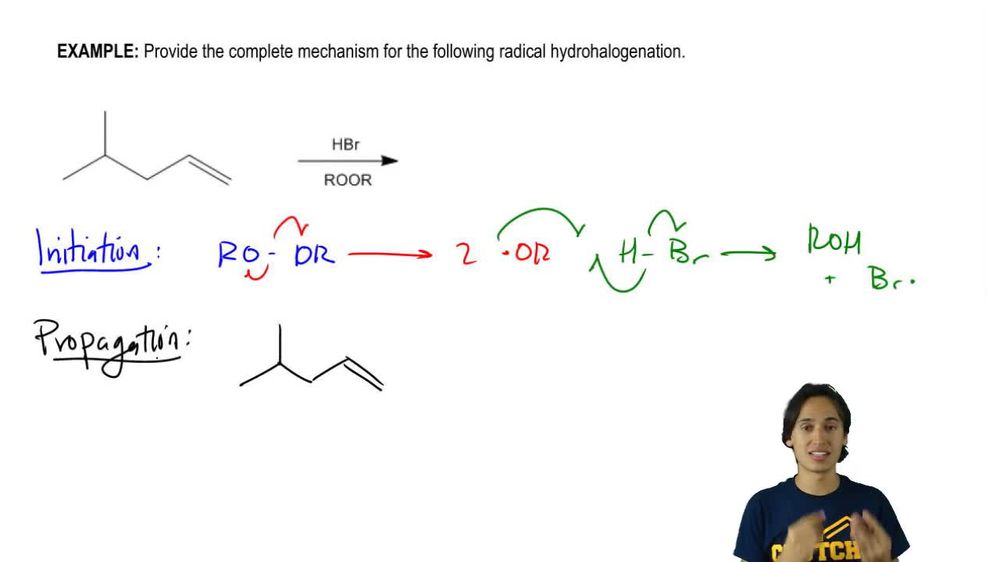 Provide the complete mechanism for the following radical hydrohalogenation.