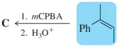 Chemical reaction diagram showing epoxidation with mCPBA and H3O+, illustrating product stereochemistry.