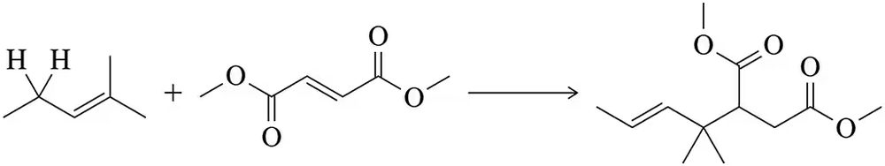 Chemical reaction showing reactants forming a cyclic product with labeled hydrogens and bonds formed and broken.