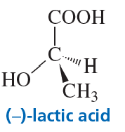 Structural formula of (−)-lactic acid showing its chiral center and substituents: hydroxyl, carboxyl, hydrogen, and methyl groups.