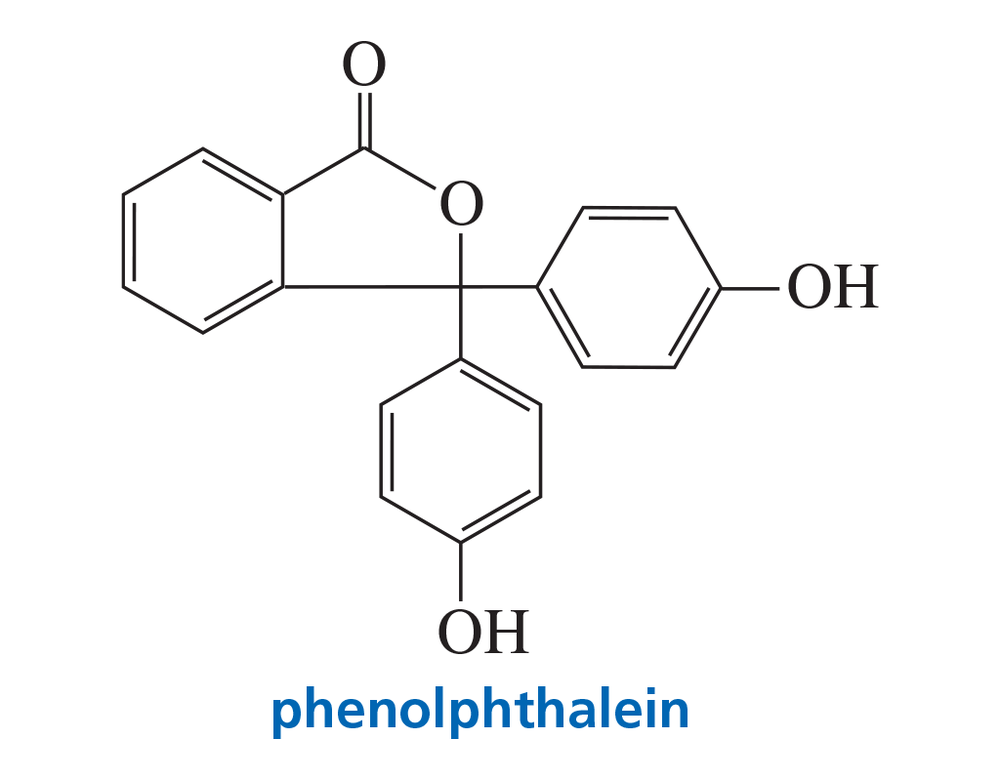 Chemical structure of phenolphthalein, an acid-base indicator, with the name displayed in blue text below the structure.