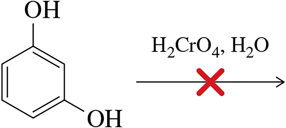 Chemical structure of meta-dihydroxybenzene with oxidizing agent notation and a red cross indicating no reaction.