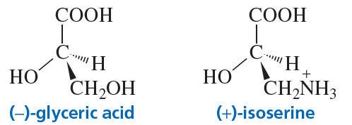 Structures of (−)-glyceric acid and (+)-isoserine with labels indicating their configurations.
