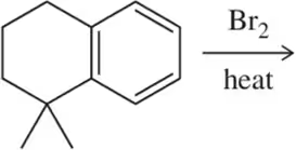 Chemical reaction diagram: benzylic bromination of ethylbenzene with Br2 and heat, showing reactant structure.