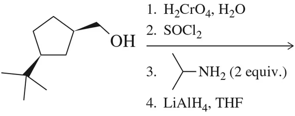 Cyclopentanol reacts with H2CrO4, SOCl2, isopropylamine, and LiAlH4 in THF in a multistep synthesis.