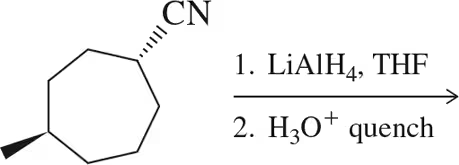 Chemical reaction sequence showing a cyclic compound with a cyano group, followed by reduction steps using LiAlH4 and quenching with H3O+.