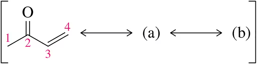 Resonance structures of a molecule with a C―O π bond, labeled with carbon numbers 1 to 4, showing electron movement.