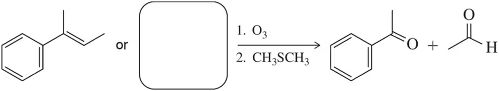 Alkene reacts with ozone and dimethyl sulfide to form acetophenone and acetaldehyde.