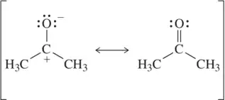 Two resonance structures of a molecule with carbon and oxygen atoms, showing charge distribution and double bonds.