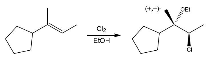 Reaction scheme showing halohydrin formation with Cl2 and ethanol.